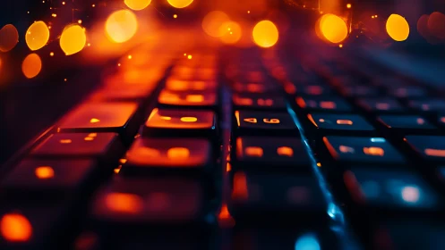 Backlit computer keyboard with orange bokeh highlights.