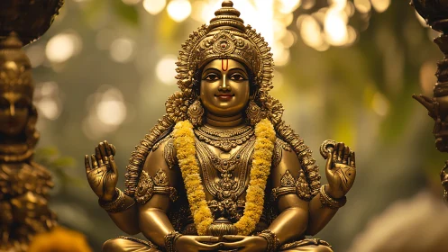 Polished golden deity sculpture with intricate embossed ornaments