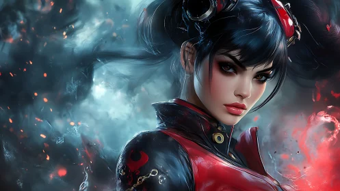 Volatile pyrokinetic warrior in red tactical exosuit portrait.