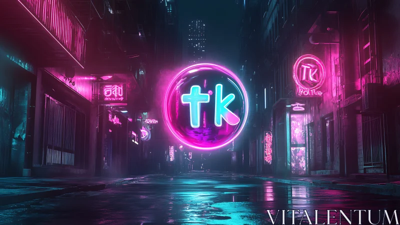 Neon tk logo dominates cyberpunk alleyway at night