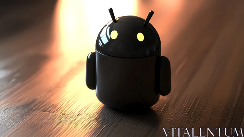 Black robot figurine on wooden floor in warm light.