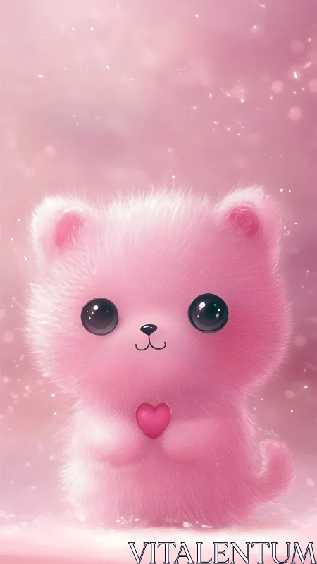 Fluffy pink chibi kitten holds heart in soft bokeh glow