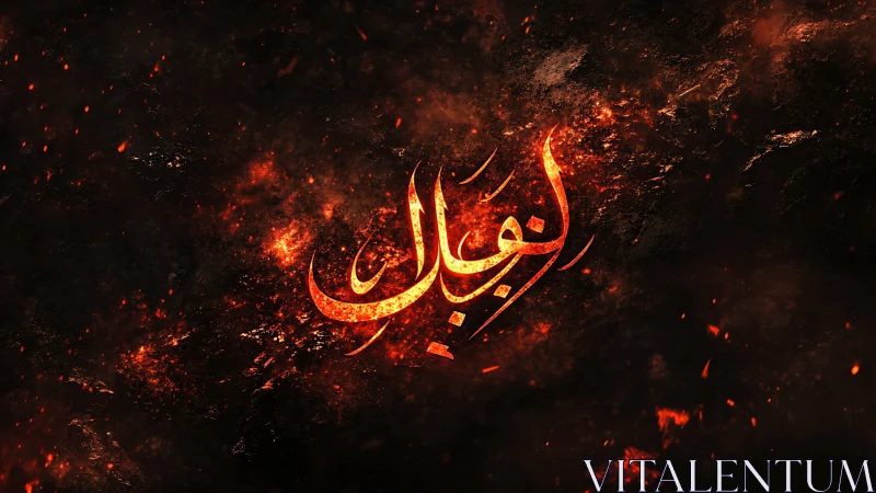 Arabic calligraphy text glows in fiery orange sparks