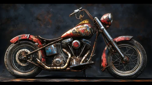 Weathered vintage motorcycle profile against dark backdrop.