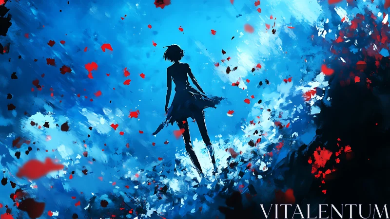 Silhouette girl amid blue storm sky and red petals.