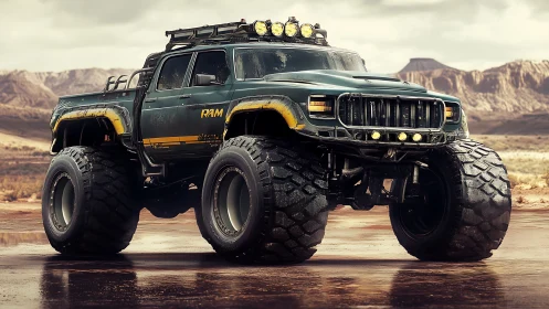 Lifted off-road pickup truck in arid desert landscape.
