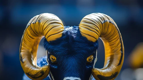Close frontal view of blue and gold ram mascot headpiece.