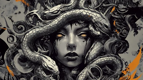 Medusa portrait with coiled serpents and high contrast ink rendering