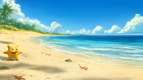 Cartoon star character on tropical shoreline under sky.