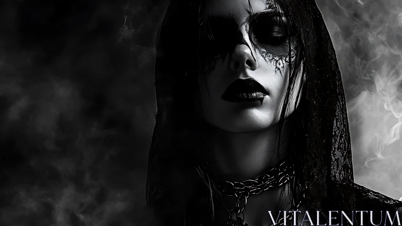 Dark gothic portrait with veil, chains and smoke atmosphere.