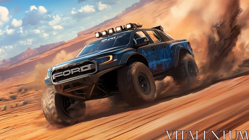 Ford off-road truck powers through desert sand trail.
