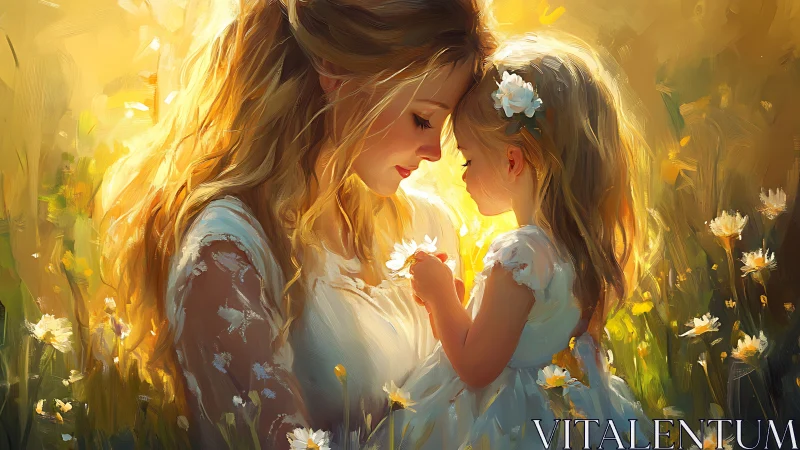 Mother and Daughter in Golden Sunlight Among Daisies.