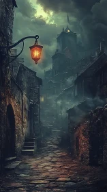 Old cobblestone alley glowing under a lonely lantern light.
