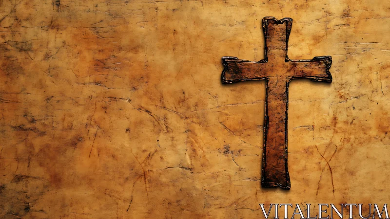 Weathered wooden cross on warm textured ochre wall.