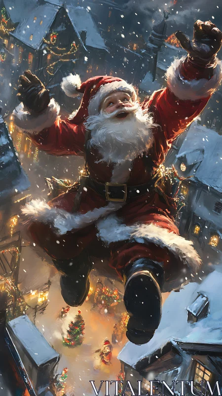 Joyful Santa soaring above a snowlit Christmas village.