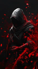 Hooded assassin emerges from crimson shadows and swirling blood