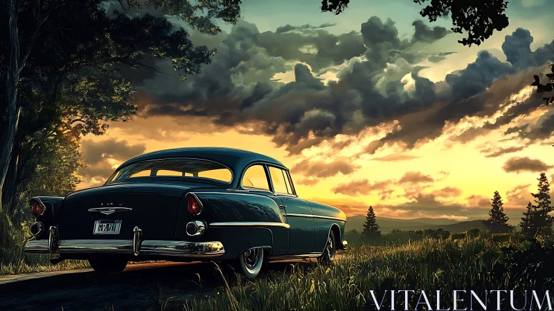 Classic sedan parked in rural field at sunset horizon.
