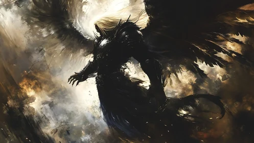 Dark-winged angel rises through swirling stormlight.