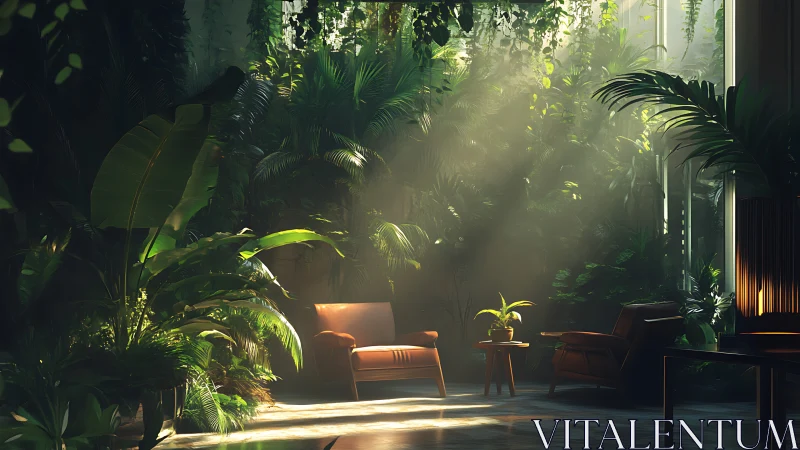Sunlit indoor lounge surrounded by dense tropical foliage