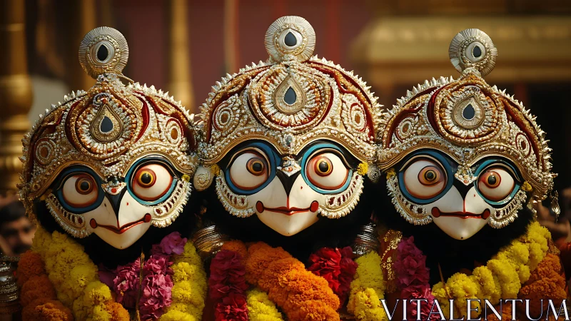 Ornate masked figures in ceremonial dress and garlands.