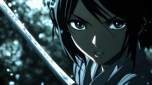 Anime swordswoman in close-up with drawn blade outdoors.