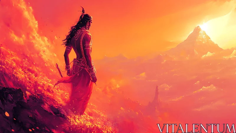 Digital painting of warrior on fiery ridge before sunlit peak.