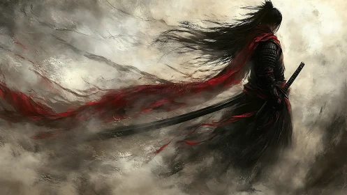 Solitary samurai in storm-torn mist rendered in dynamic brushwork