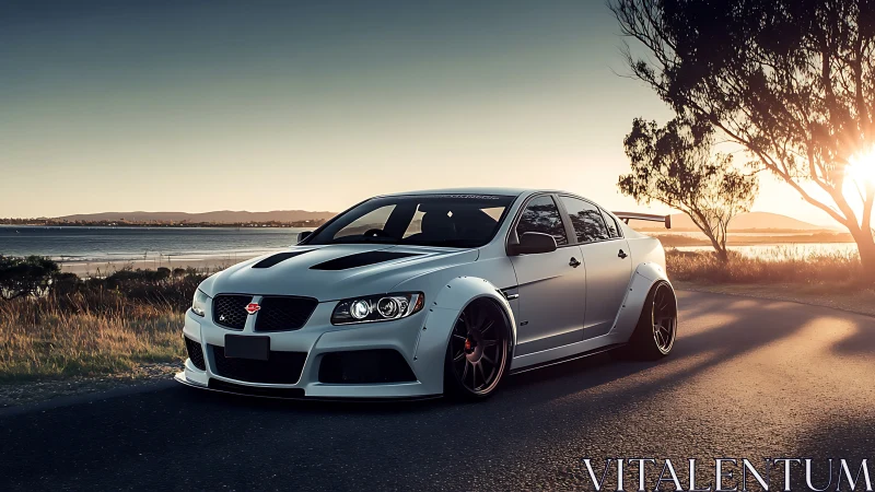 White widebody sports sedan parked by lakeside road at dusk