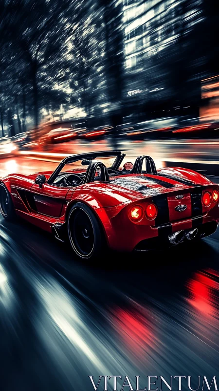 Scarlet roadster slices neon rain through the midnight rush