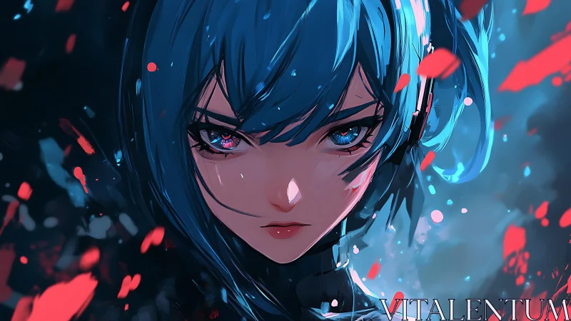 Cybernetic blue-haired warrior with burning crimson gaze.