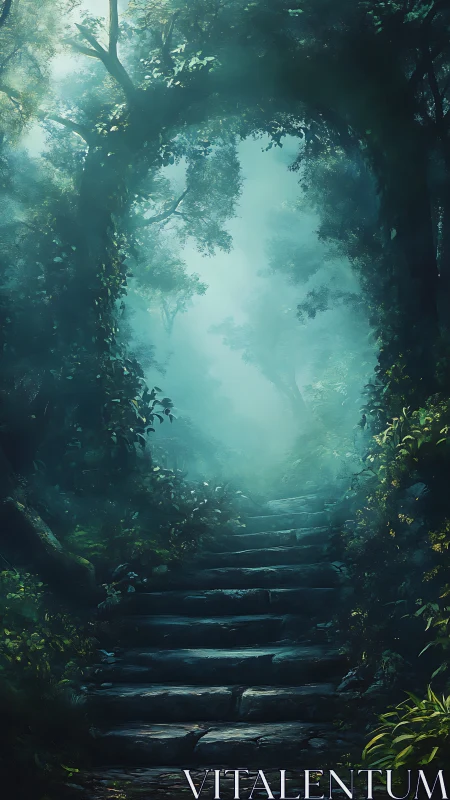 Misty forest pathway bathed in ethereal turquoise luminescence.