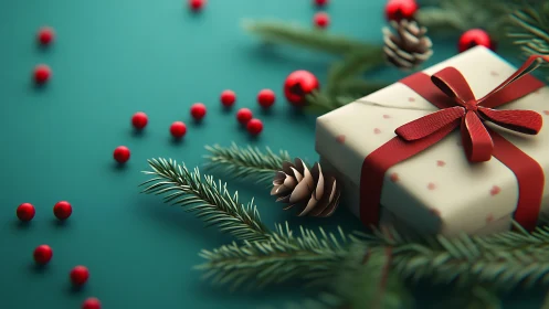 Christmas gift box with red ribbon on teal backdrop.
