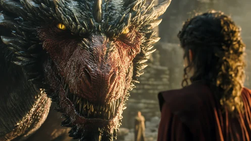 Cinematic close-up renders dragon scrutiny of cloaked figure