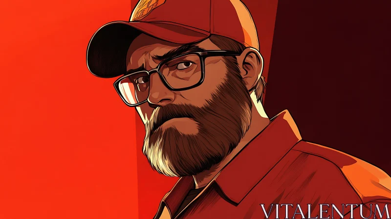 Bearded man in red cap gazes intensely against bold reds