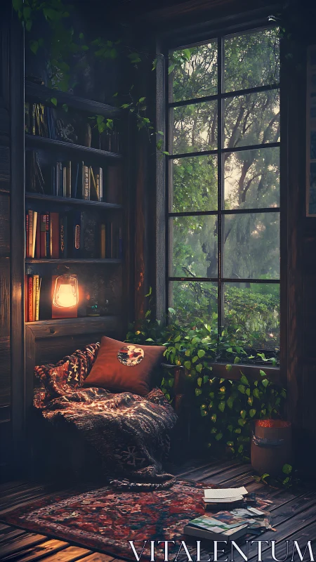 Cozy reading nook with lantern glow and forest window.