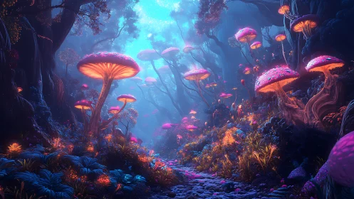 Bioluminescent mushroom forest path under blue twilight.