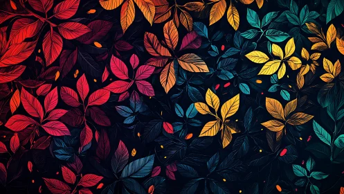 Multicolor gradient foliage pattern on deep navy background