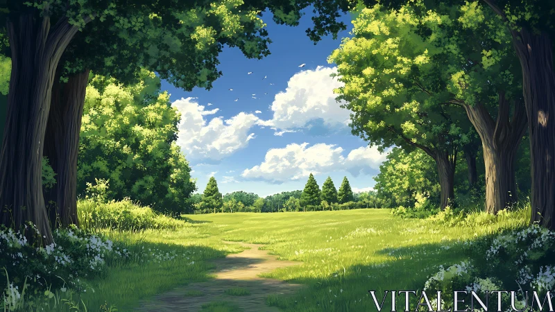 Tree-lined meadow path with open sky and distant woodland
