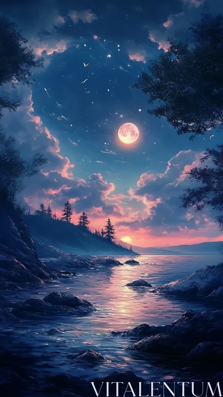 Lunar-illuminated coastal inlet with reflective water and volumetric clouds