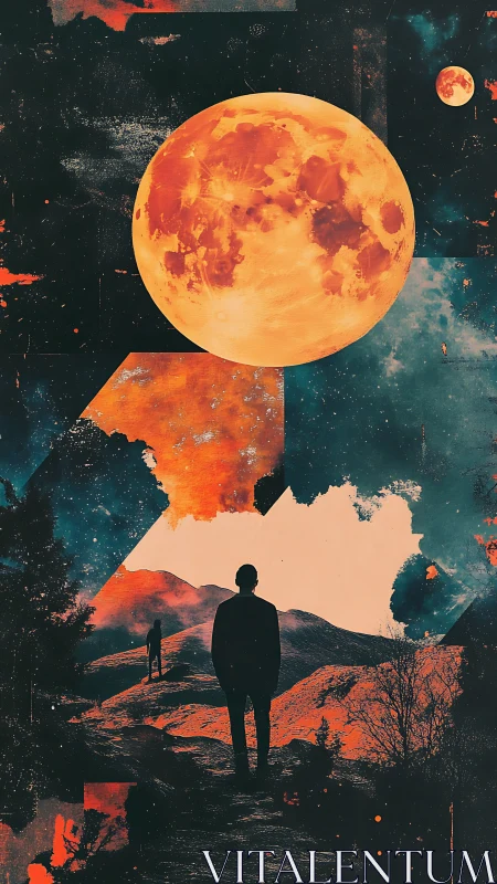 Lone stargazer beneath a burning lunar eclipse skyscape.