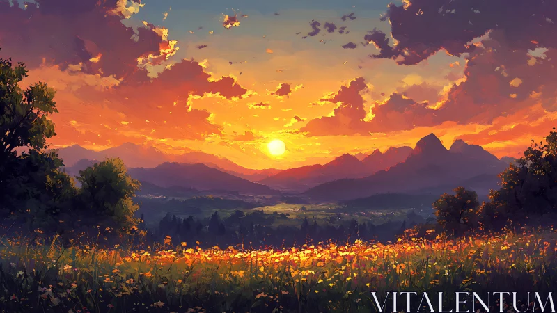 Sunset over wildflower valley and distant mountain range.