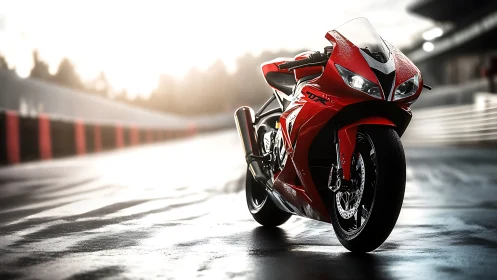 Red superbike stands on wet racetrack under bright backlight