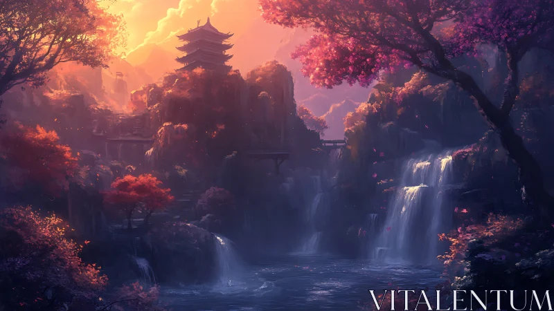 Sunlit mountain pagoda above misty waterfalls at dusk.