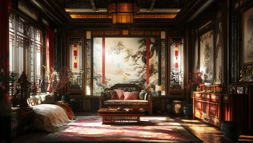 Luxurious Chinese-style interior displays ornate woodwork