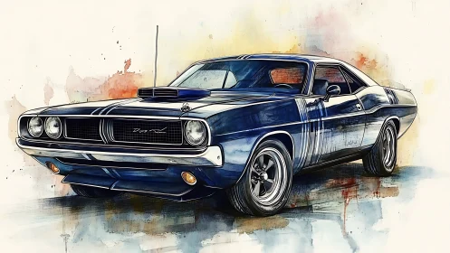 Blue classic muscle car rendered in watercolor style.