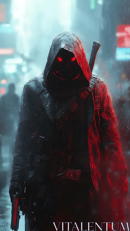 Hooded cybernetic enforcer advances through neon rain with emissive visor