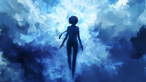 Silhouetted wanderer cuts a bright rift through stormy sky