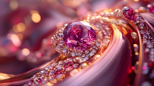 Sparkling Pink Gemstone in Abstract Swirl of Gold and Diamonds.