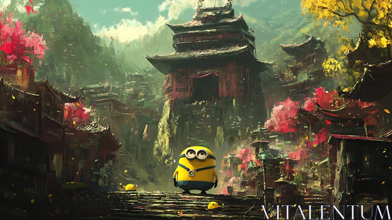 Minion in cinematic temple valley under painted foliage.