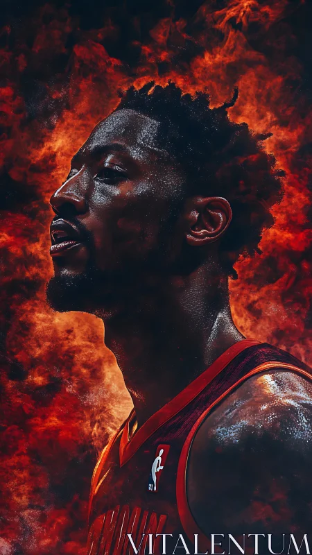 Fiery basketball portrait in molten red atmospheric glow.
